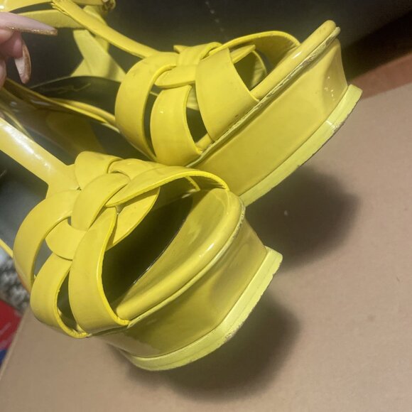 SAINT LAURENT TRIBUTE LEATHER PLATFORM HEEL SANDALS Yellow - Picture 4 of 9